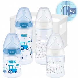 NUK - Set 4 biberoane First Choise+ cu senzor temperatura si suport, Blue